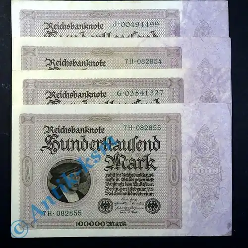 4 x Reichsbanknote 100.000 Mark , Kaufmann Gisze , von H. Holbein vom 01.03.1923
