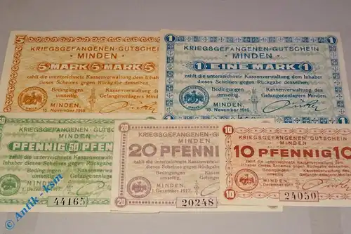 5 x Kriegsgefangenen Lagergeld Minden , 5 Scheine von 1916 / 1917 , kfr/unc