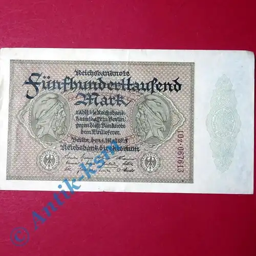 1 x Reichsbanknote über 500.000 Mark , Ros 87 G Banknote von 1923  1 x Kn rechts