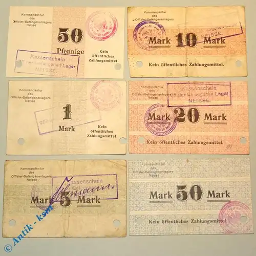 6 x Notgeld Neisse , Offiziers Gefangenen Lager Geld , POW , 50 Pf. bis 50 Mark