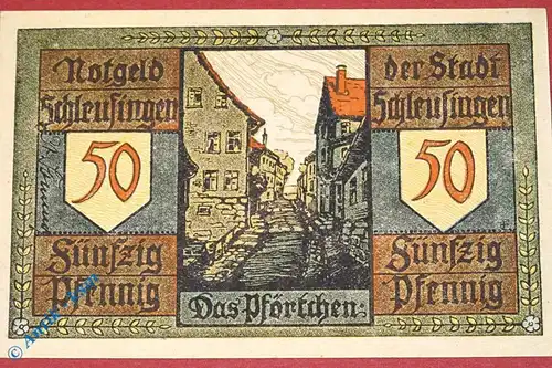 Notgeld Schleusingen , 50 Pfennig Schein Nr 1 , M/G 1181.3 a , dick + gelblich