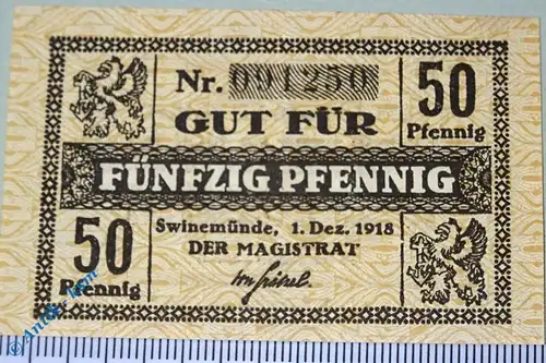 Notgeld Swinemünde , 50 Pfennig Schein 01.12.1918 , Tieste 6245.05.10 , kfr/unc