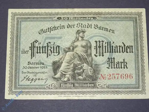 1 x Groß Notgeld Banknoten der Stadt Barmen , 50 Milliarden Mark vom 30.10.1923