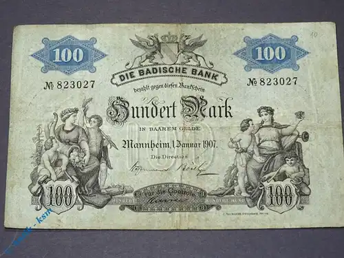 Banknote über 100 Mark , die Badische Bank , Mannheim 01. Januar 1907 , BAD-5