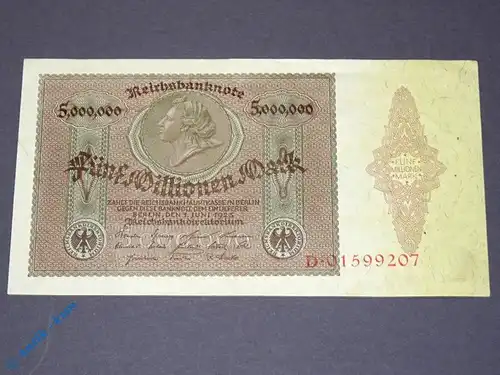 Banknote über 5 Millionen Mark , Reichsmark 1923 , Medaillionschein , Erhaltung