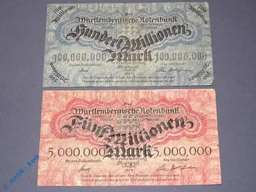 2 Scheine , Banknoten Württembergische Notenbank , 5 und 100 Millionen Mark
