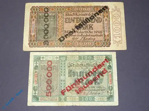 2 x Banknoten Stadt Berlin , 500.000 und 3 Millionen , Überdruck auf 100 + 1000