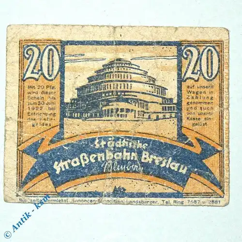 Notgeld Straßenbahn Breslau , Wroclaw , 20 Pfennig Schein Nr 3.10 , M/G 187.2