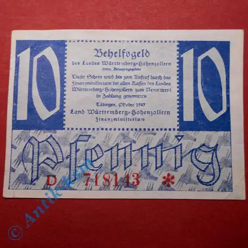 Alliierte Besatzung, Württemberg Hohenzollern ,10 Pfennig vom Okt. 1947