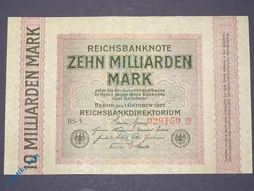 Banknote 10 Milliarden Mark , Reichsmark ,  Wasserzeichen = Rauten , kfr/unc RRR