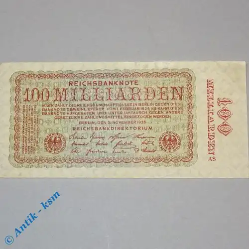 100 Milliarden Mark , Reichsmark Schein , Ros 130 , Firmenzeichen = AS , kfr/unc