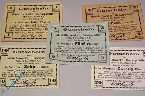 5 x Notgeld Döbern , Glashüttenwerk Hedwigshütte  , Tieste 1425.05.01 bis 05