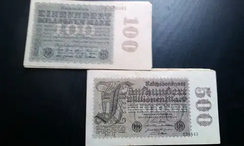 4 Scheine, Inflations Lot : 2 x 100 und 2 x 500 Millionen Mark/Reichsmark , 1923