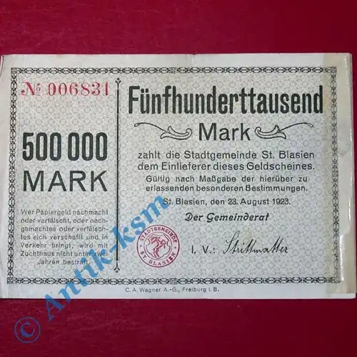 Großnotgeld St. Blasien , Stadtgemeinde , 500.000 Mark Schein vom 23.08.1923 , B