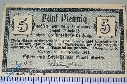 Notgeld Aurich , Schein über 5 Pfennig , Tieste 0270.10.15 von 1918 , kfr / unc