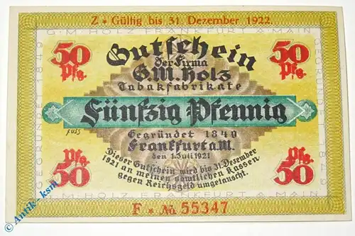 Notgeld Frankfurt , G. M. Holz , 50 Pfennig Schein F , Golem verlängert mit Z
