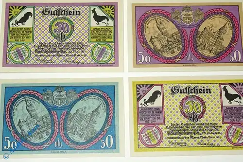 Selten : 4 x Notgeld Königsberg , Markenhaus Eluka , 4 x  50 Pfennig , kfr/unc