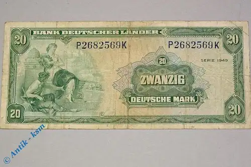 Banknote über 20 Mark Bank deutscher Länder , Ros 260 , Kopfgeld , von 1949
