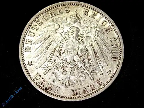 Münze 3 Mark Silbermünze Preussen Kaiser Wilhelm II von 1910 , tolle Erhaltung