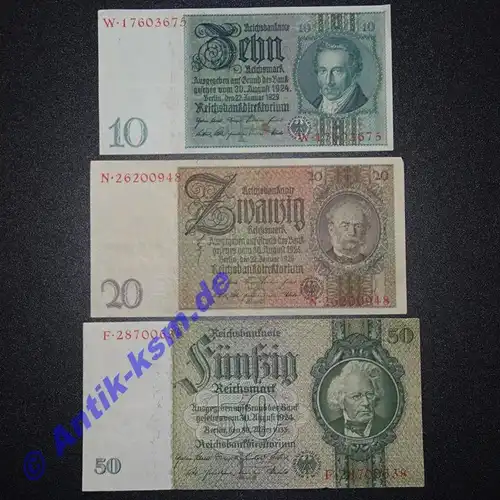 Lot 3 Banknoten deutsches Reich : 10 , 20 und 50 Mark / Reichsmark 1929 - 1933