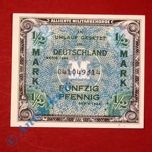 1 x Banknote über 1 halbe Mark , US-Druck, Ros. 200 A , von 1944 , kfr/unc