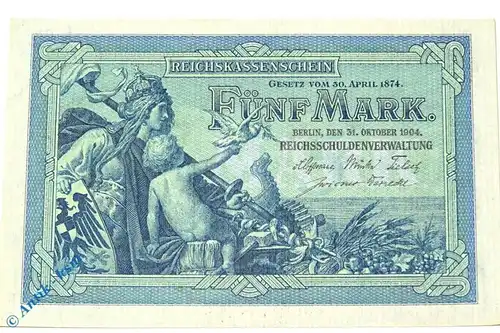 Reichskassenschein über 5 Mark von 1904  Grab. DEU-52 b , Ros 22 , Pick 8 , kfr