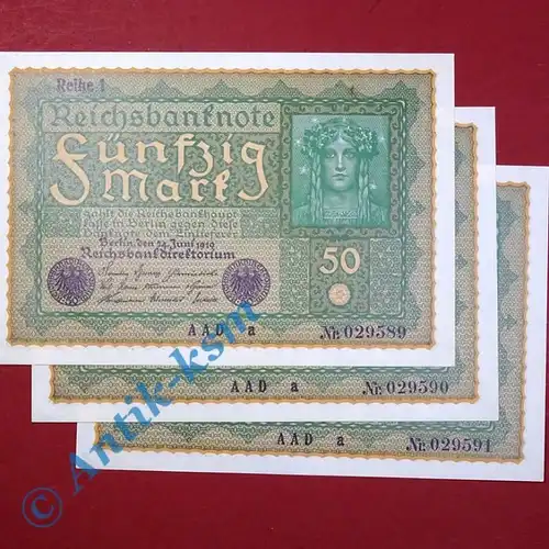 3 x Banknoten über 50 Mark / Reichsmark, "Wiener" von 1919, Fortlaufend  kfr/unc