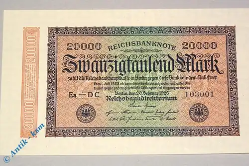 Reichsbanknote über 20.000 Mark , seltenes Wz Mäander , Rosenberg 84 i , kfr/unc