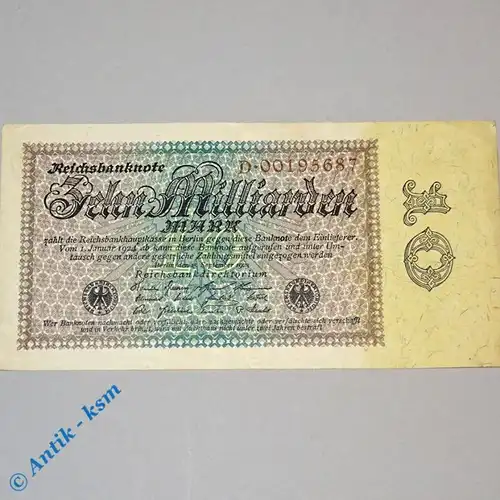 10 Milliarden Mark , Reichsmark Schein , Ros 113 a , Reichsdruck D , Erhaltung