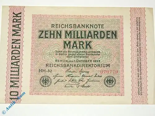 Banknote 10 Milliarden Mark , Reichsmark ,  WZ = Gitter mit 8  , kfr/aunc