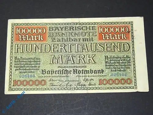 1 x Bayerische Banknote über 100.000 Mark , München den 15. Juni 1923 (2)