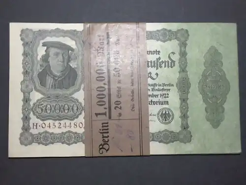 1 x Bündel 20 x 50.000 Reichsmark, fortlaufende Kn , kfr 1922 Banderole Berlin