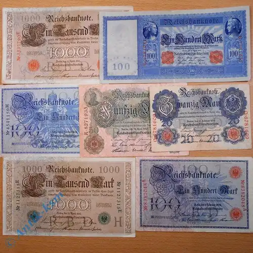 Tolles Lot : 7 x Banknoten Kaiserreich , von 20 bis 1000 Mark , 7 verschiedene