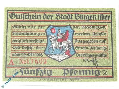 Notgeld Bingen , 50 Pfennig Schein , Tieste 0630.05.10 , von 1918 , Hessen kfr