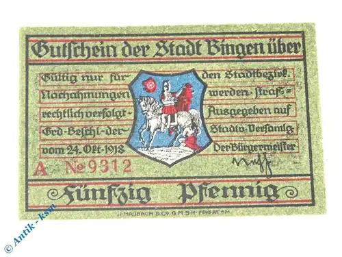 Notgeld Bingen , 50 Pfennig Schein , Tieste 0630.05.10 , von 1918 , Hessen kfr