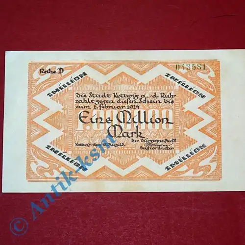 Großnotgeld Kettwig , Stadt , 1 Million Mark Schein vom 15.08.1923 , Westfalen