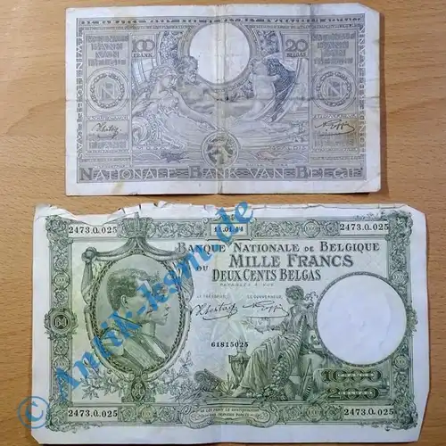 2 Banknoten Belgien / Belgium : 1000 Francs 1944 und 100 Francs 1942