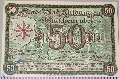 Notgeld Bad Wildungen , 50 Pfennig grün , Musterschein ohne Kennummer , kfr/unc