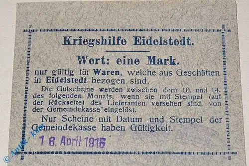 Notgeld 1 Mark Kriegshilfe Eidelstedt , 16.04.1915 , Stempel H. Schwarz Hamburg