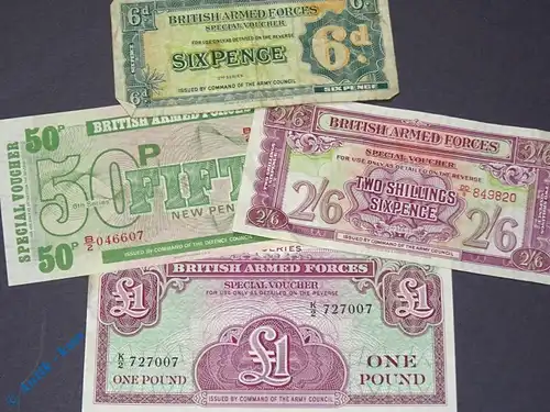 4 Scheine 6 pence bis 1 Pfund, 4 Notes british armed Forces , 6 pence to 1 Pound
