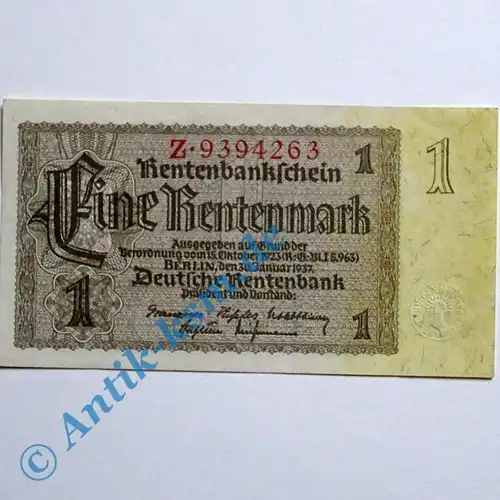 A 1 Rentenmark von 1937 , Reichsdruck : 7-Stellig ,  kassenfrisch / unc , selten