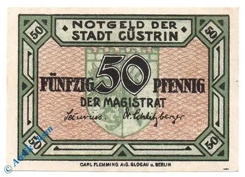 Notgeld Cüstrin , 50 Pfennig Musterschein , Unikat ? , Tieste 1240.05.15.M ??