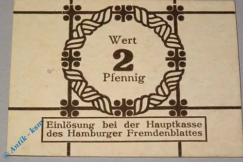 Notgeld Hamburg , Fremdenblatt , 2 Pfennig Schein , Tieste 2765.150.02 , kfr/unc