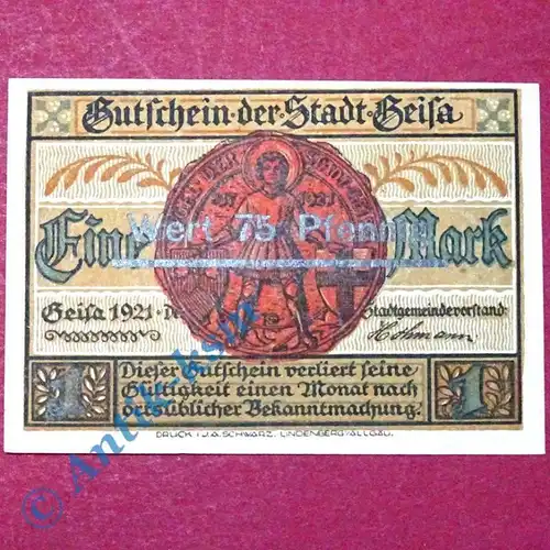 Notgeld Geisa i.d. Röhn , Schein über 1 Mark Überdruck , M/G 413.2 A , kfr/unc