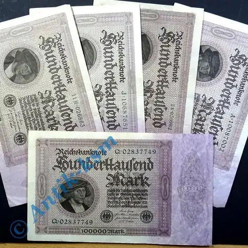 5 x Reichsbanknote 100.000 Mark , Kaufmann Gisze , von H. Holbein vom 01.03.1923