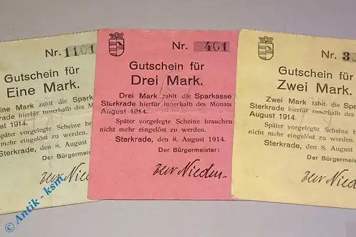 3 x Notgeld Sparkasse Sterkrade , Rheinland , 1, 2 und 3 Mark mit Prägestempel