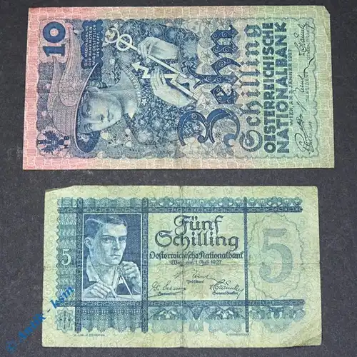 2 Banknoten Österreich , 5 und 10 Schilling beide von 1927 , Zwischenkriegszeit