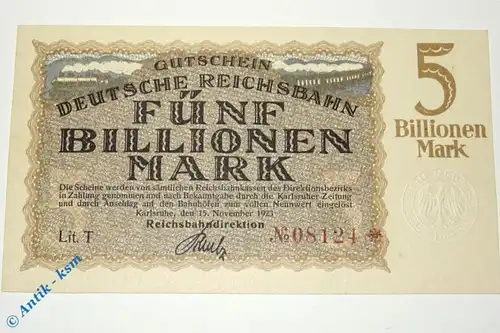 Banknote über 5 Billionen Mark , Karlsruhe  vom 15.11.1923 , Pick S1279  kfr