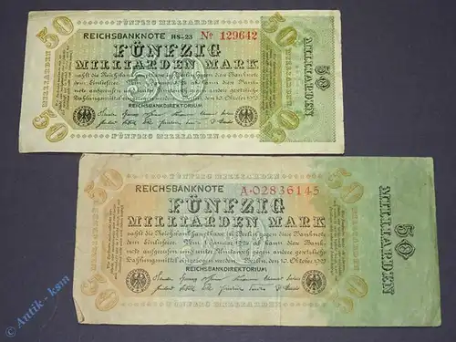 2 Banknoten Inflation : 2 x 50 Milliarden Mark / Reichsmark Varianten von 1923