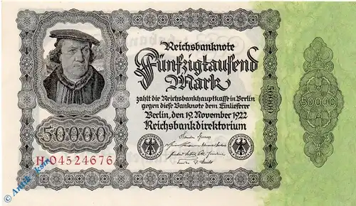 Reichsbanknote , 50.000 Mark Schein , DEU-90 , Rosenberg 79 , P 79 , vom 19.11.1922 , Weimarer Republik